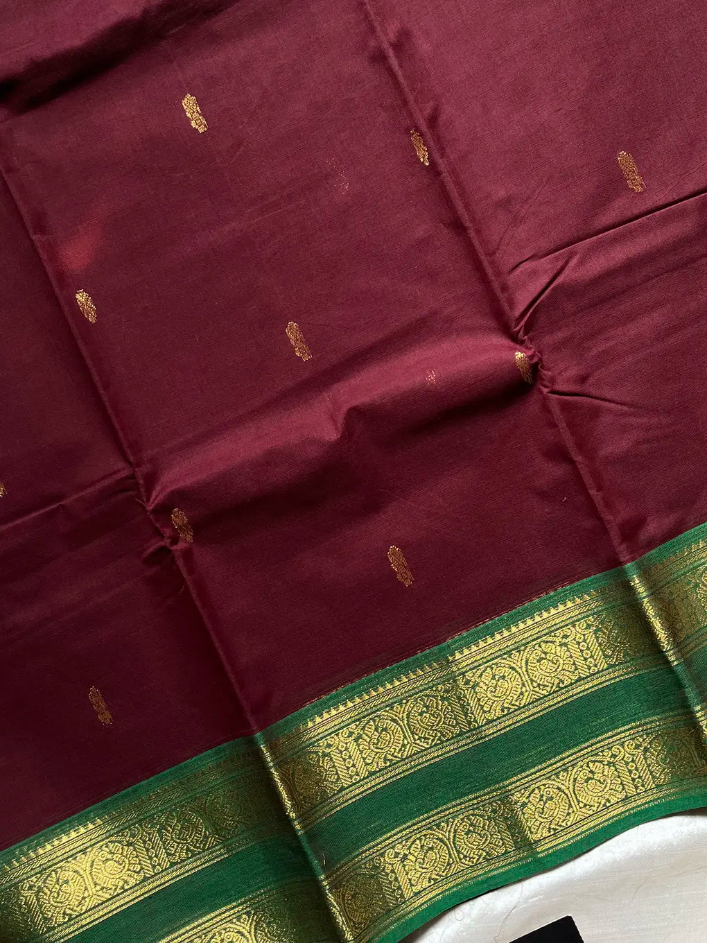 Royal Maroon Cotton Saree with Emerald Zari Heritage Border
