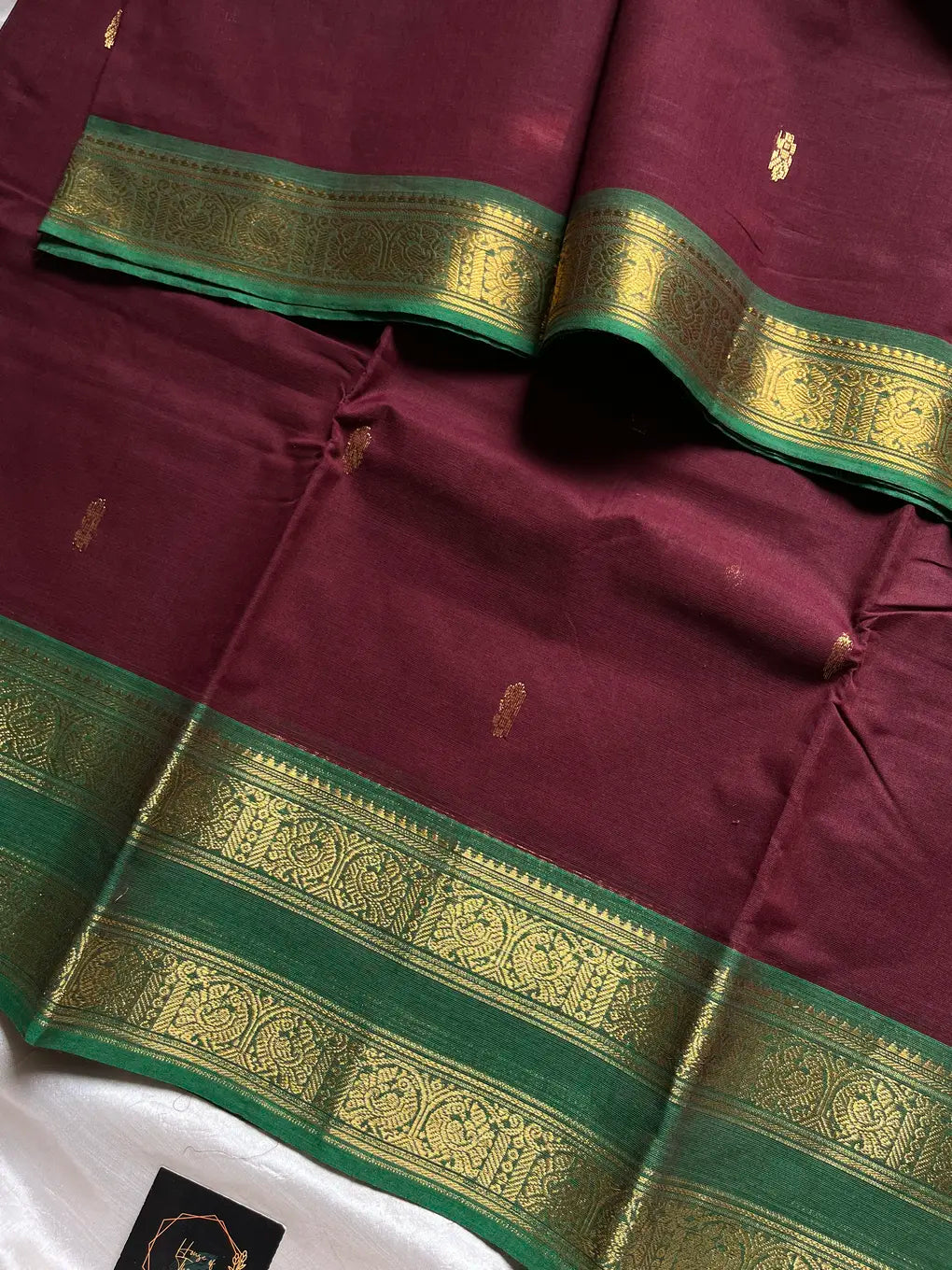 Royal Maroon Cotton Saree with Emerald Zari Heritage Border