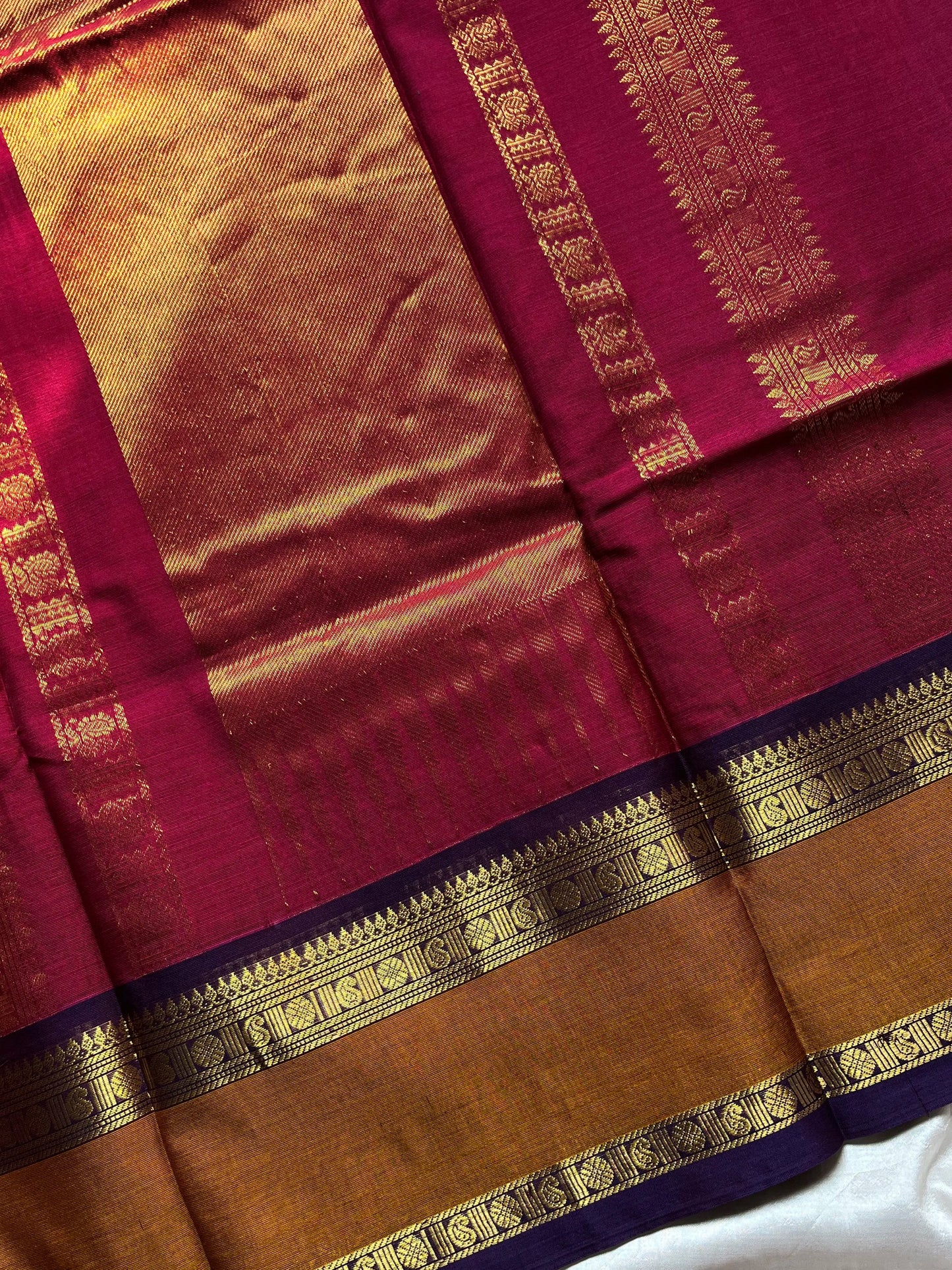 Rani Pink Cotton Saree with Mustard Gold Zari Border