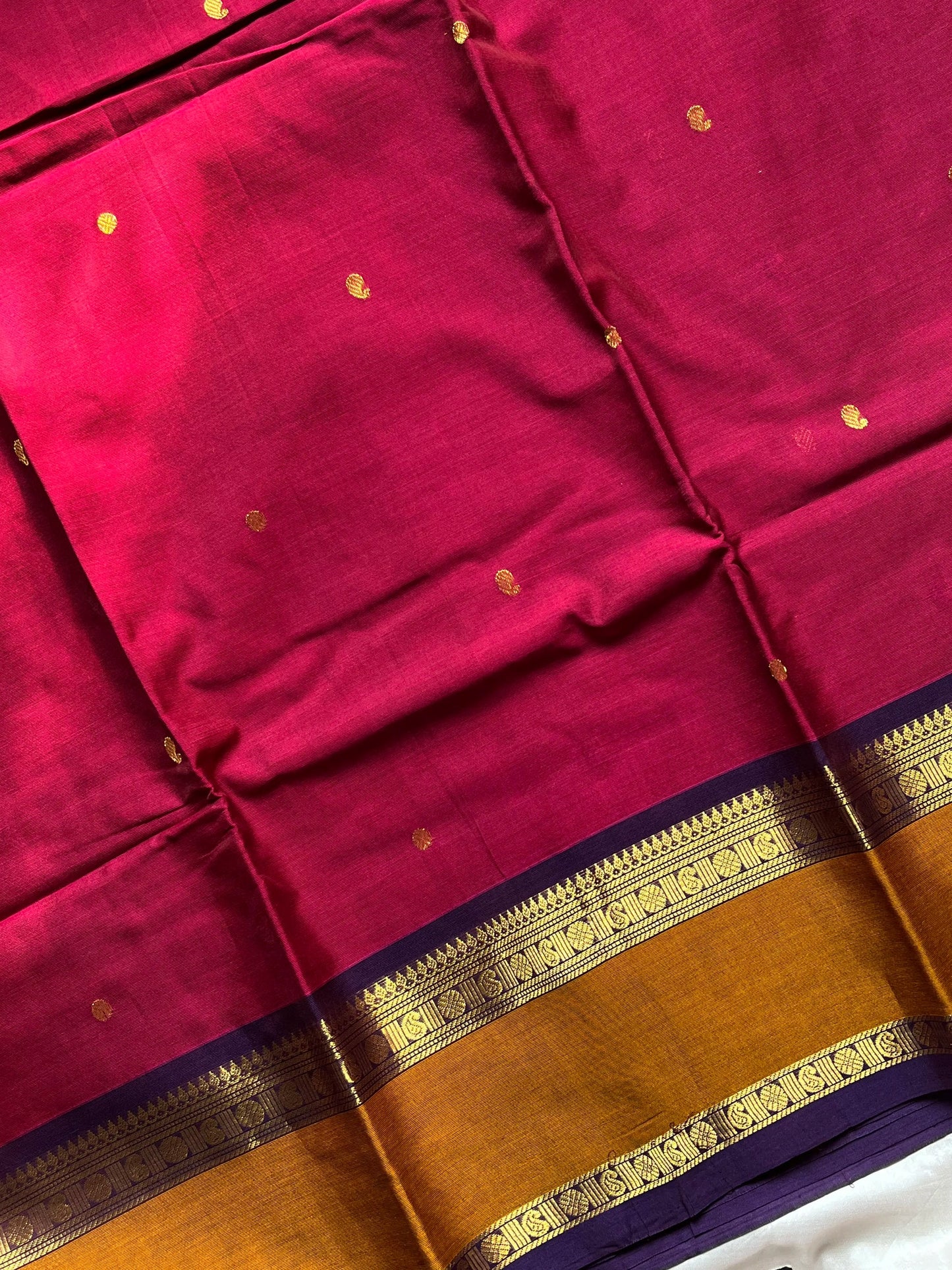 Rani Pink Cotton Saree with Mustard Gold Zari Border