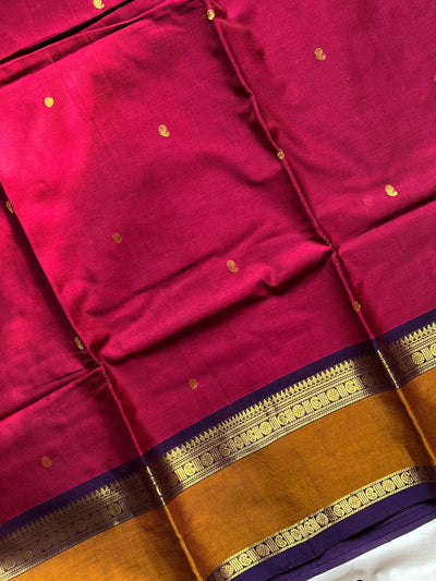 Rani Pink Cotton Saree with Mustard Gold Zari Border