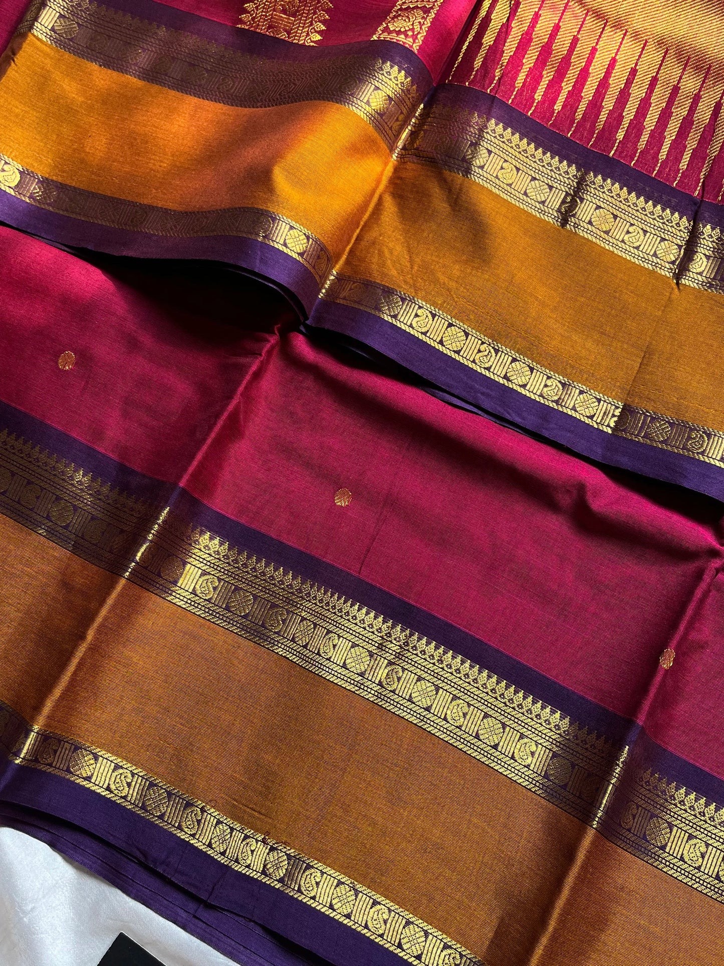 Rani Pink Cotton Saree with Mustard Gold Zari Border