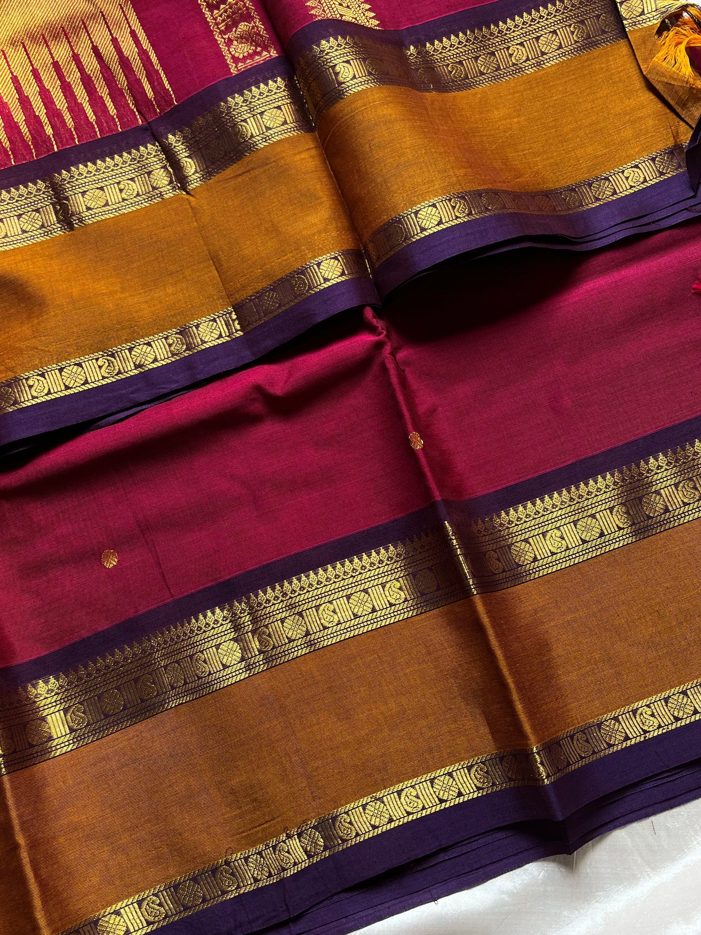 Rani Pink Cotton Saree with Mustard Gold Zari Border