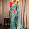 Pretty Firozi Soft Silk Saree With Mesmerising Blouse Piece