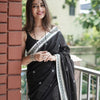 Twirling Black Cotton Silk Saree With Opulent Blouse Piece