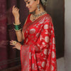 Sumptuous Red Soft Silk Saree With Symmetrical Blouse Piece