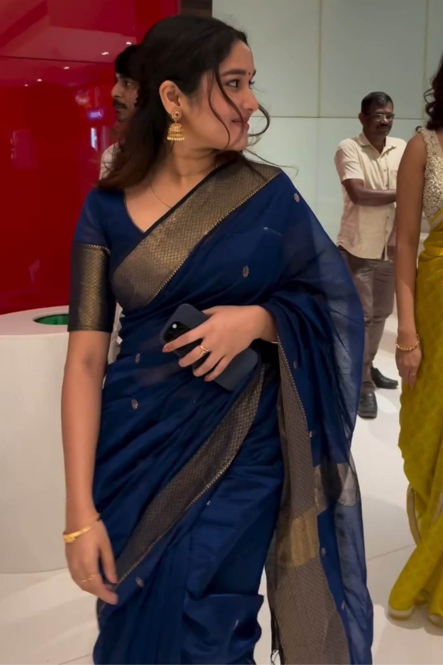 Demure Navy Blue Cotton Silk Saree With Glamorous Blouse Piece