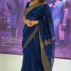 Demure Navy Blue Cotton Silk Saree With Glamorous Blouse Piece