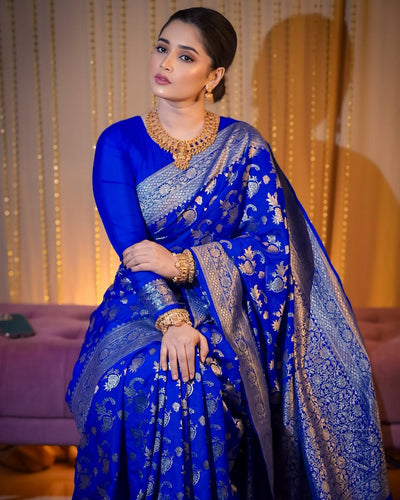 Pretty Royal Blue Soft Banarasi Silk Saree With Glorious Blouse Piece