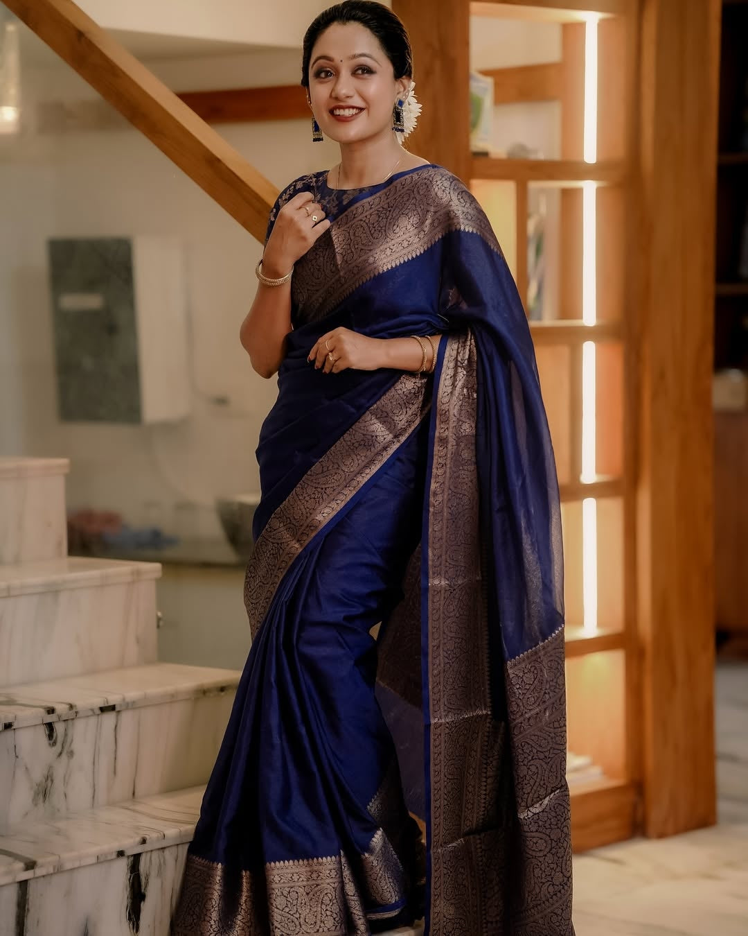Felicitous Navy Blue Soft Silk Saree With Pretty Blouse Piece