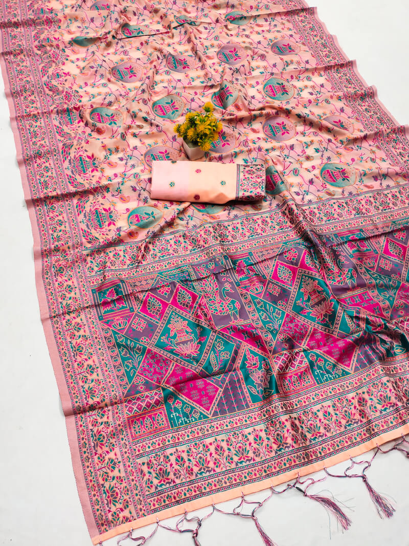 Ineffable Peach Pashmina Saree With Preferable Blouse Piece