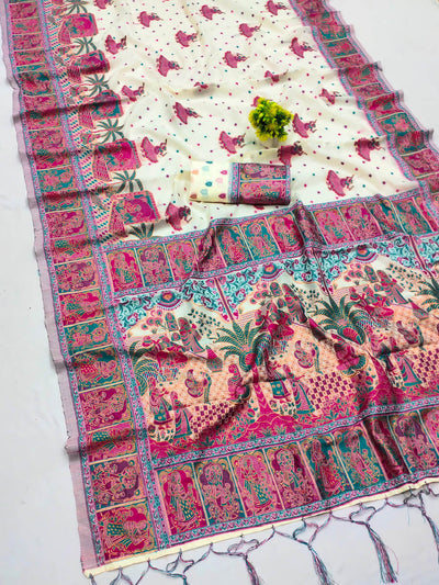 Intricate Beige Pashmina Saree With Gorgeous Blouse Piece