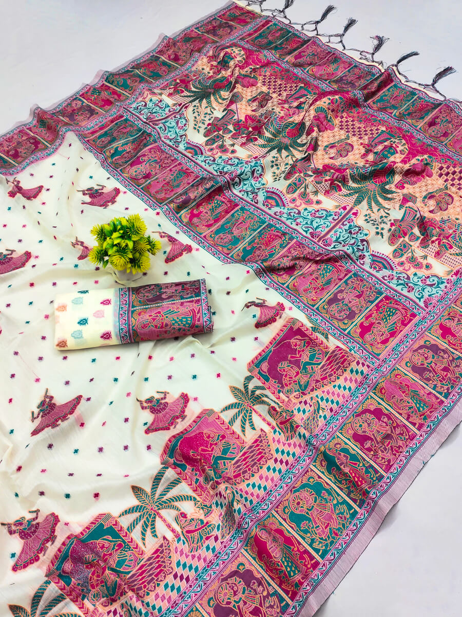 Intricate Beige Pashmina Saree With Gorgeous Blouse Piece