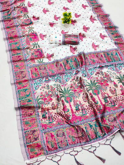 Scrupulous Off White Pashmina Saree With Evocative Blouse Piece