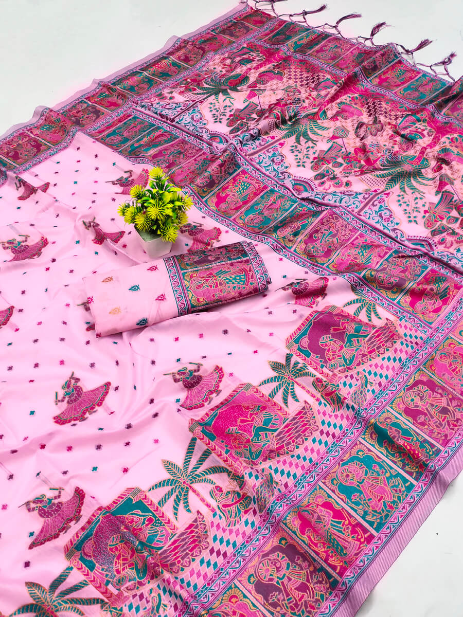 Woebegone Pink Pashmina Saree With Embellished Blouse Pieced