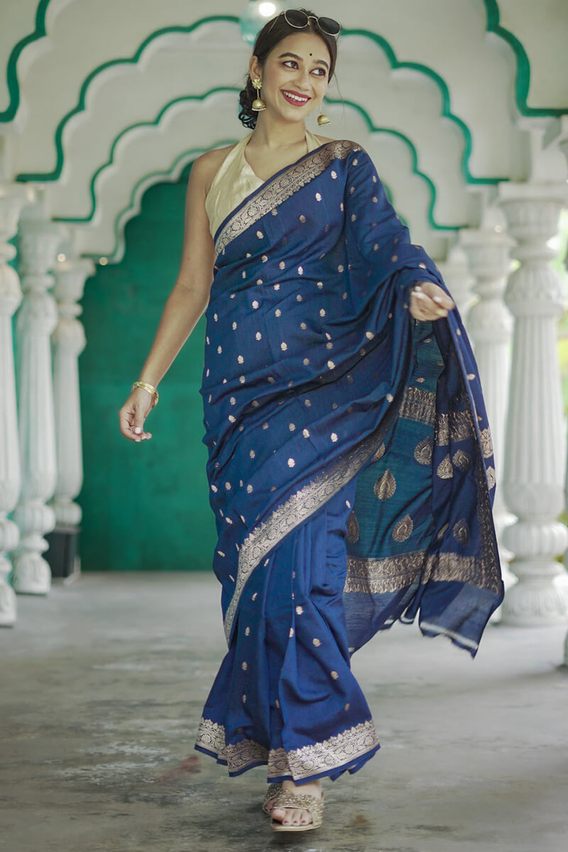 Vivacious Blue Linen Silk Saree With Captivating Blouse Piece