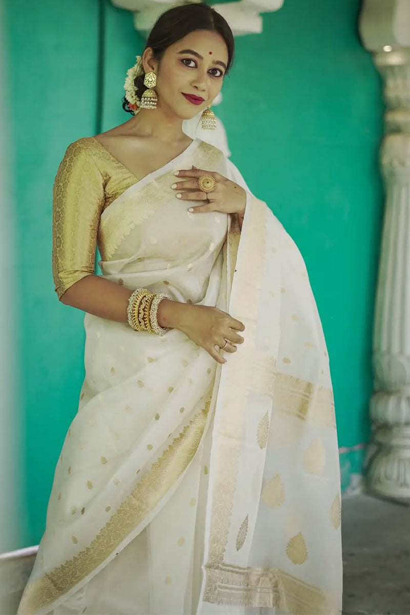 Smart Off White Linen Silk Saree With Hypnotic Blouse Piece