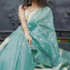 Moiety Turquoise Banarasi Silk Saree With Panoply Blouse Piece