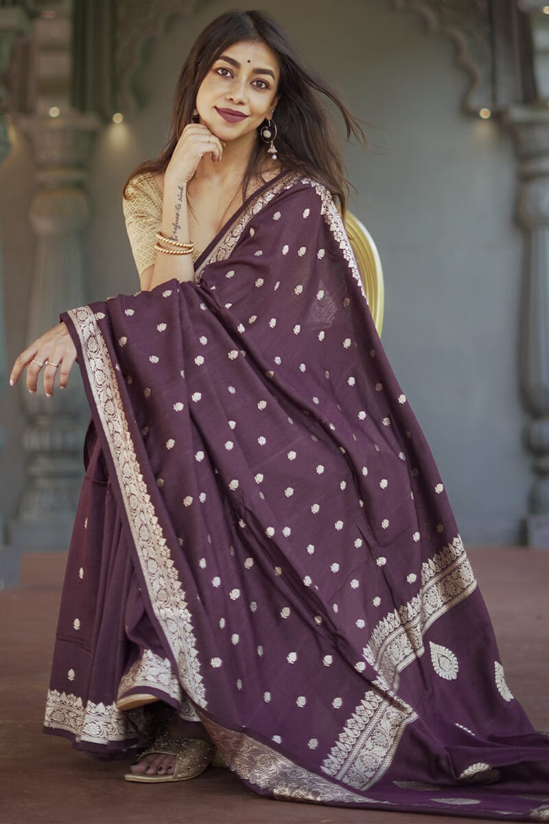 Divine Wine Linen Silk Saree With Prominent  Blouse Piece