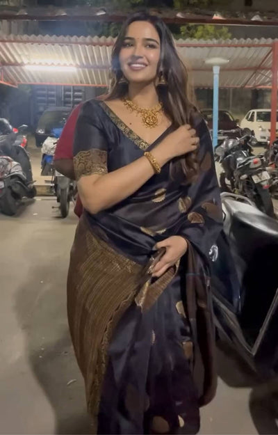 Delectable Black Soft Silk Saree With Fancifull Blouse Piece