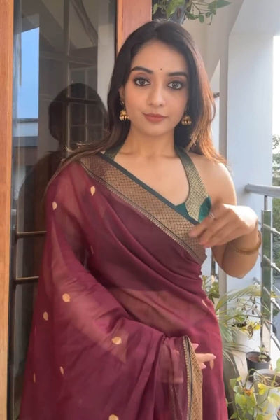 Dulcet Wine Soft Silk Saree With Beguiling Blouse Piece