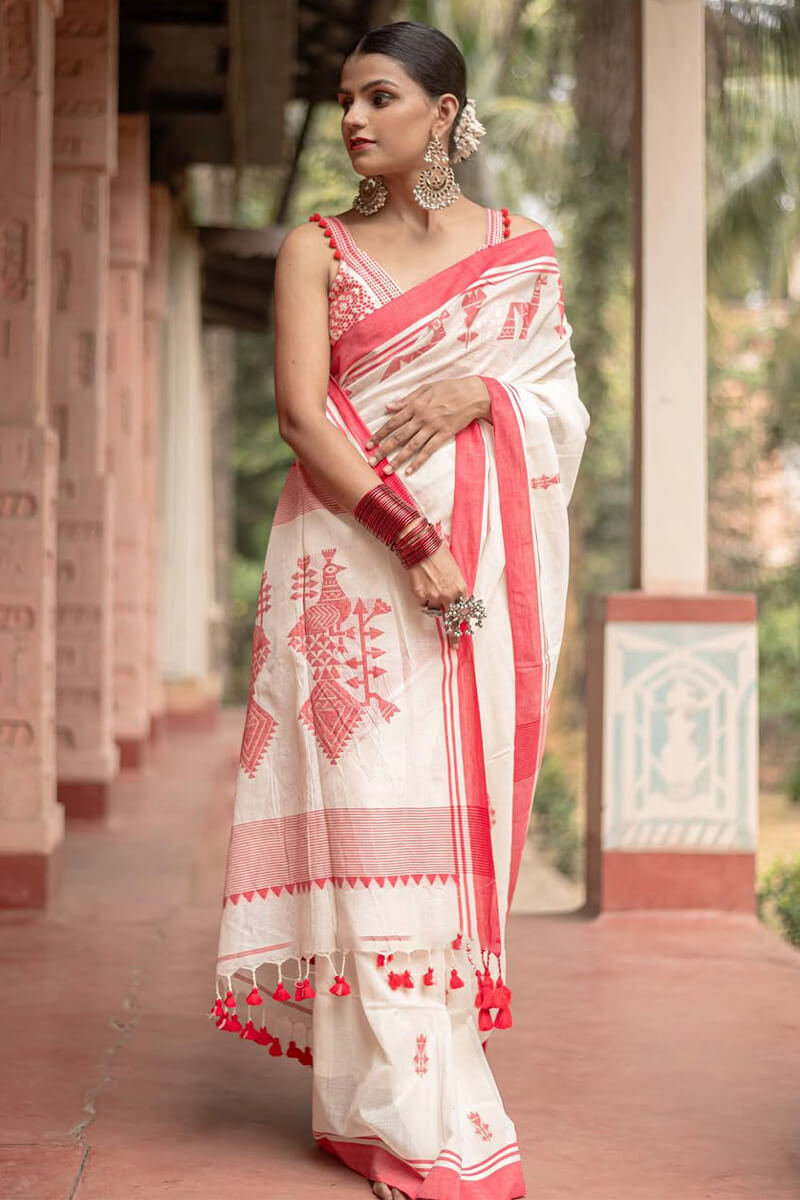 Profuse Off White Cotton Silk Saree With Radiant Blouse Piece