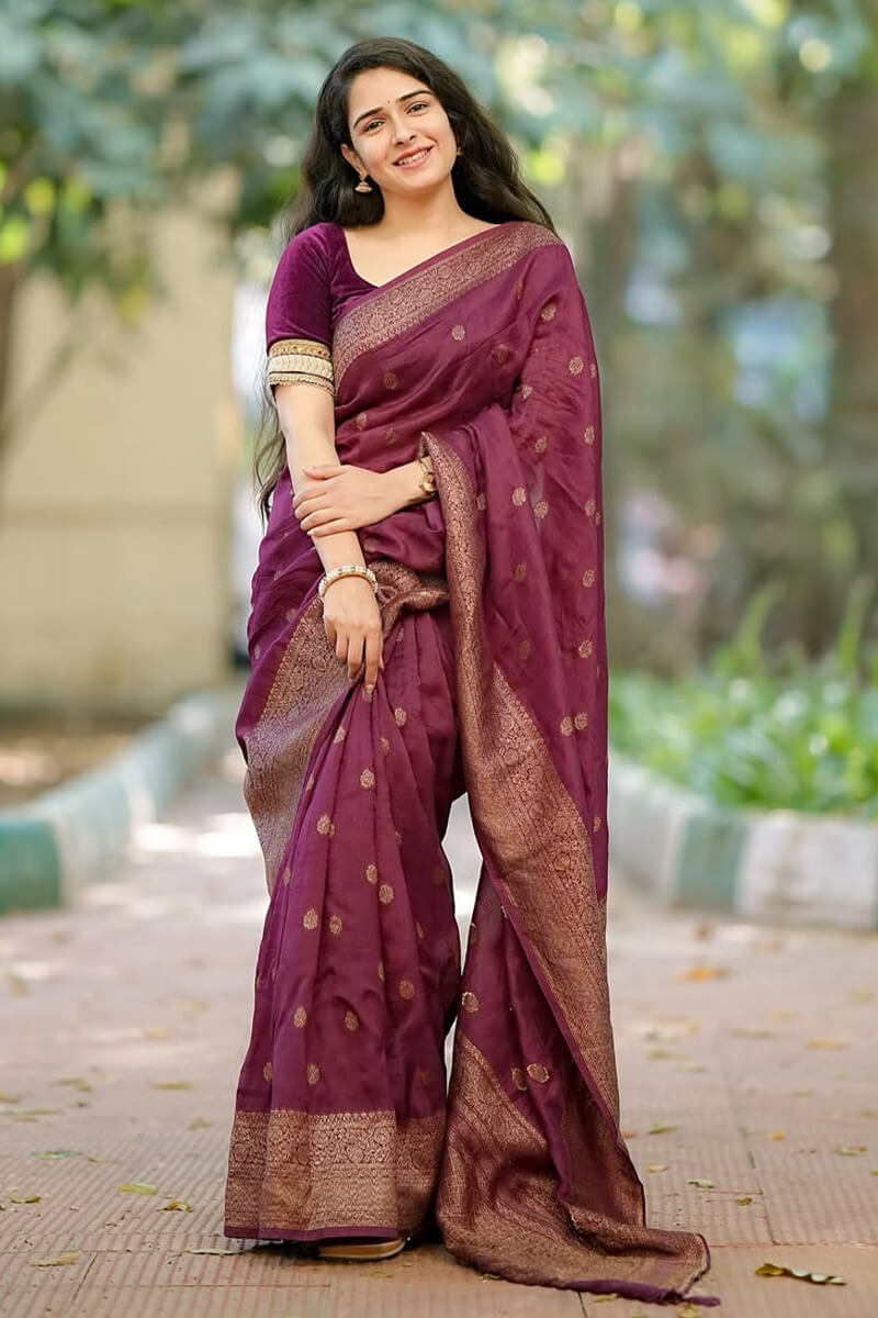 Stunning Wine Soft Silk Saree With Capricious Blouse Piece
