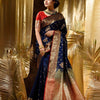 Engrossing Navy Blue Soft Silk Saree With Arresting Blouse Piece