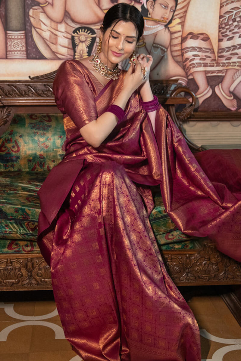 Flamboyant Wine Soft Silk Saree With Imaginative Blouse Piece