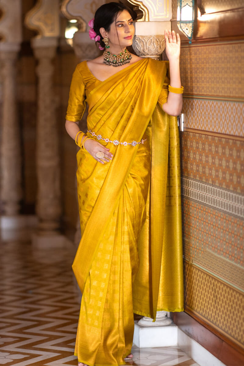 Impressive Yellow Soft Silk Saree With Chatoyant Blouse Piece