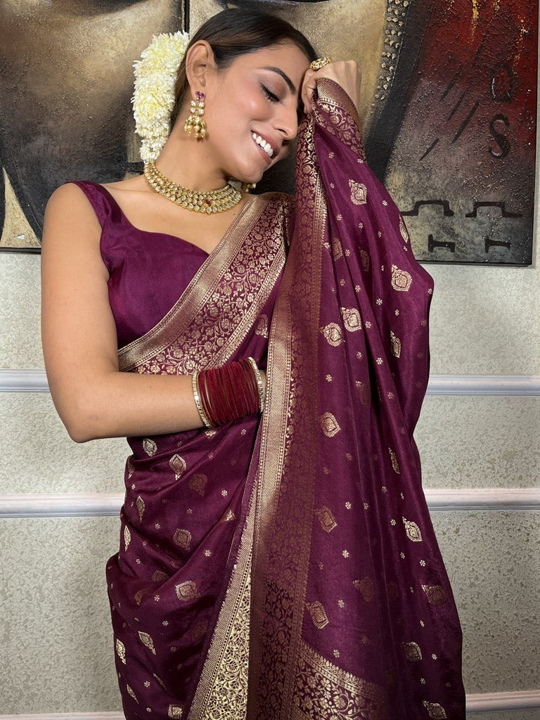 Murmurous Wine Soft Silk Saree With Seraglio Blouse Piece