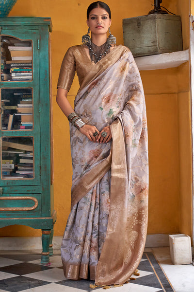 Flaunt Silver Digital Printed Cotton Silk Saree With Bucolic Blouse Piece