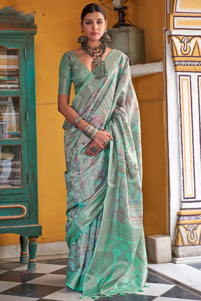 Eclat Sea Green Digital Printed Cotton Silk Saree With Twirling Blouse Piece