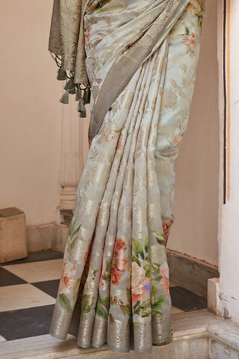 Dalliance Light Pista Digital Printed Cotton Silk Saree With Sensational Blouse Piece