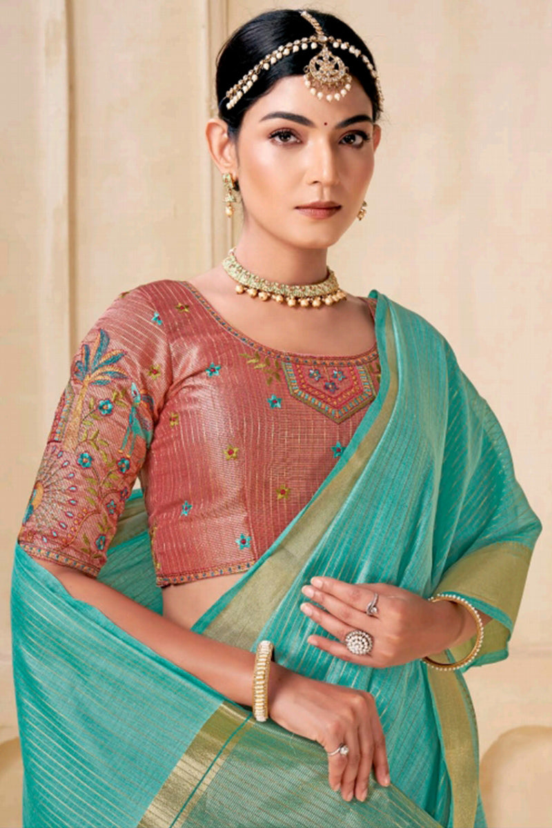 Posh Firozi Cotton Silk Saree With Excellent Blouse Piece