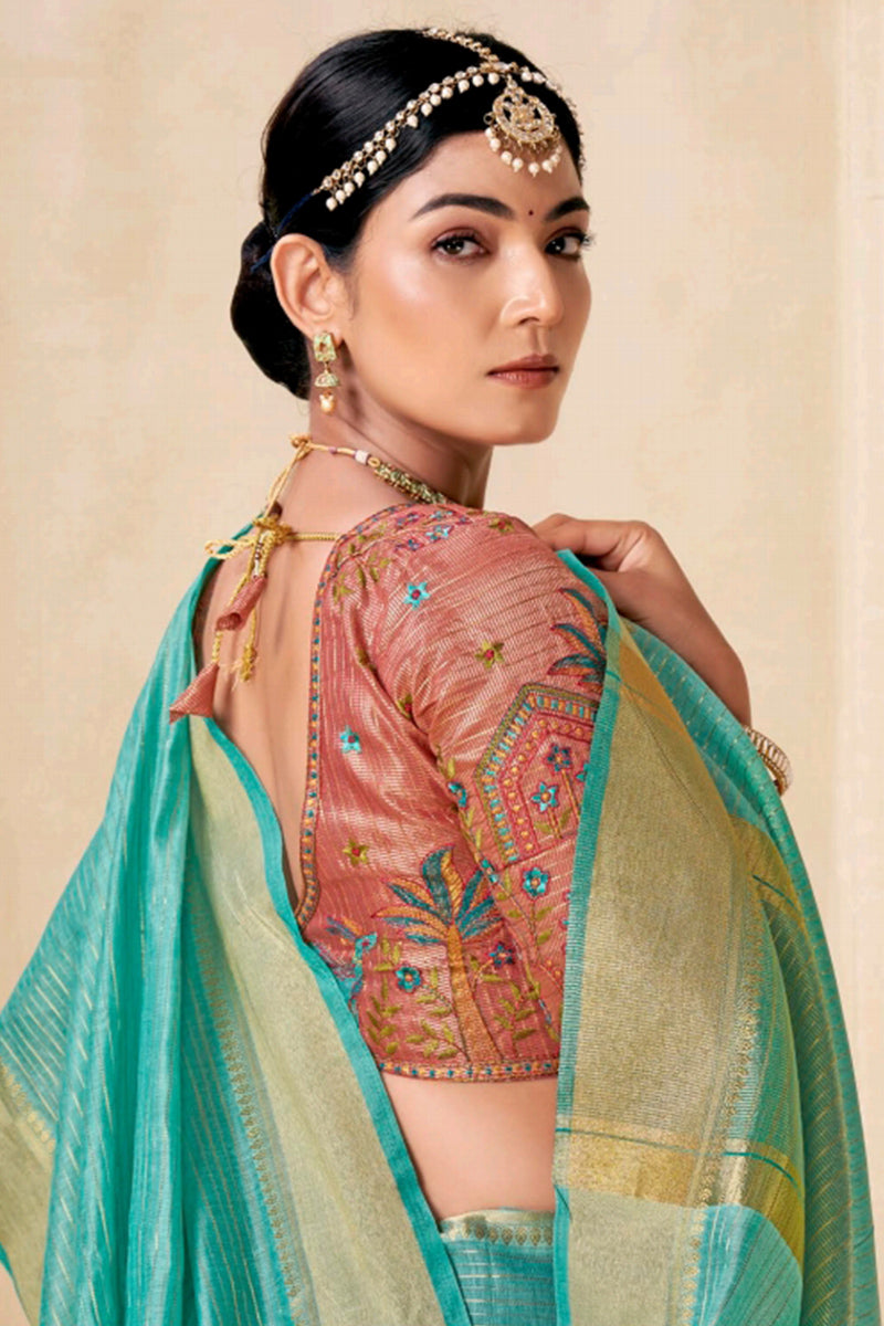 Posh Firozi Cotton Silk Saree With Excellent Blouse Piece