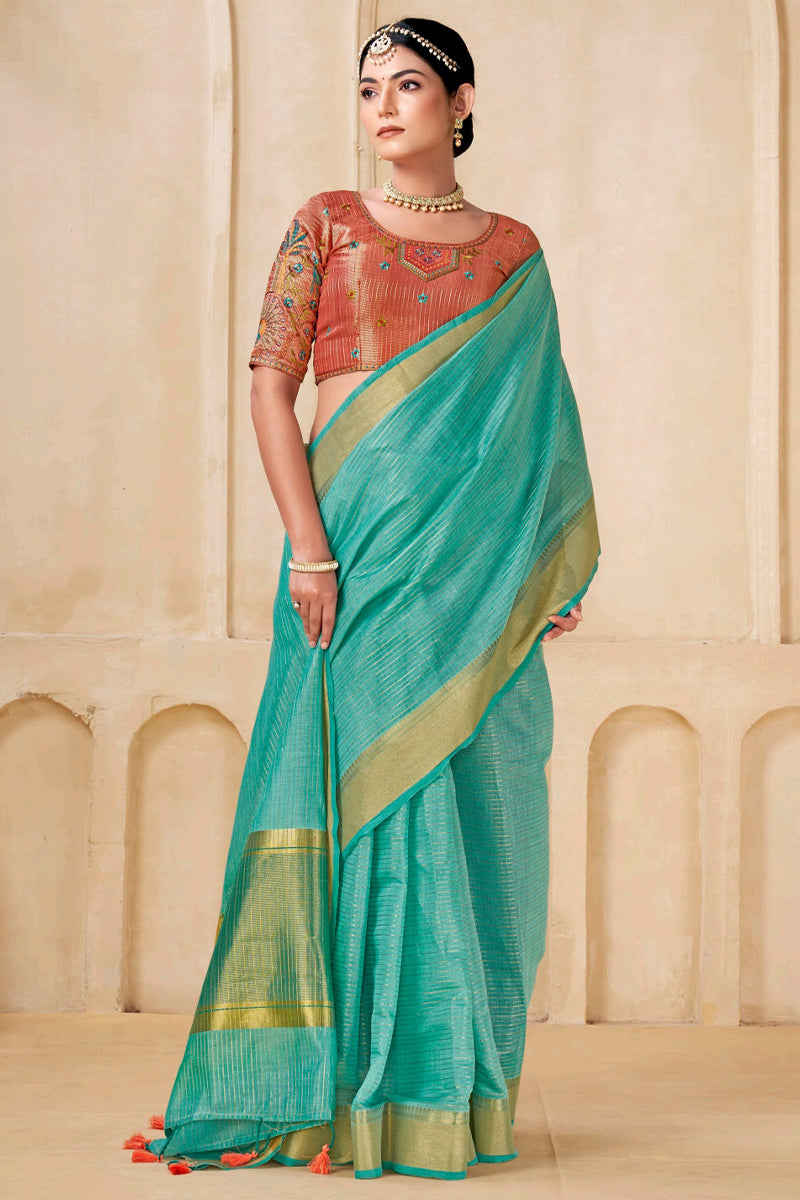 Posh Firozi Cotton Silk Saree With Excellent Blouse Piece