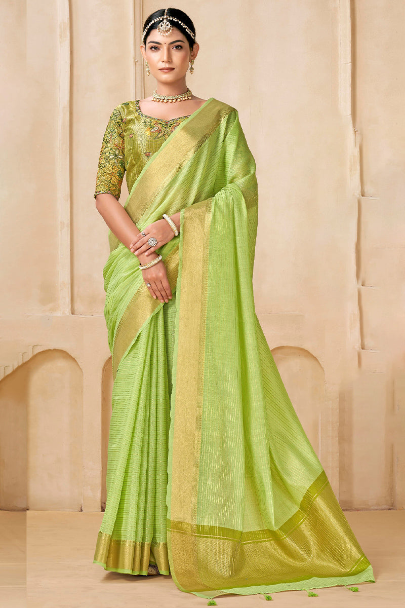 Magnetic Green Cotton Silk Saree With Prettiest Blouse Piece