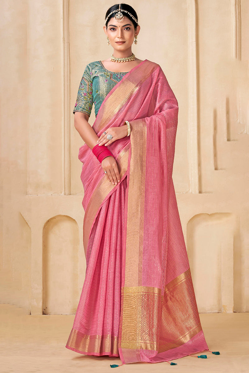 Epiphany Pink Cotton Silk Saree With Intricate Blouse Piece