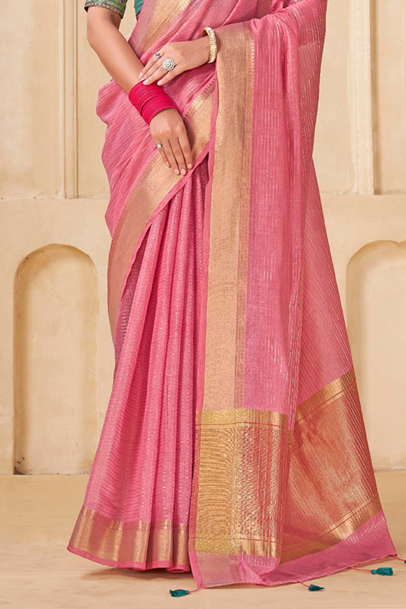 Epiphany Pink Cotton Silk Saree With Intricate Blouse Piece