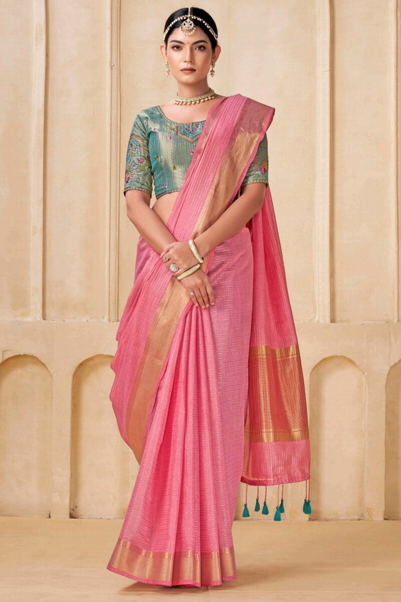 Epiphany Pink Cotton Silk Saree With Intricate Blouse Piece