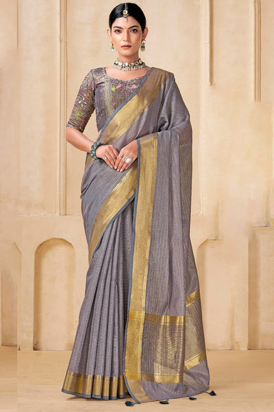 Vestigial Grey Cotton Silk Saree With Delightful Blouse Piece