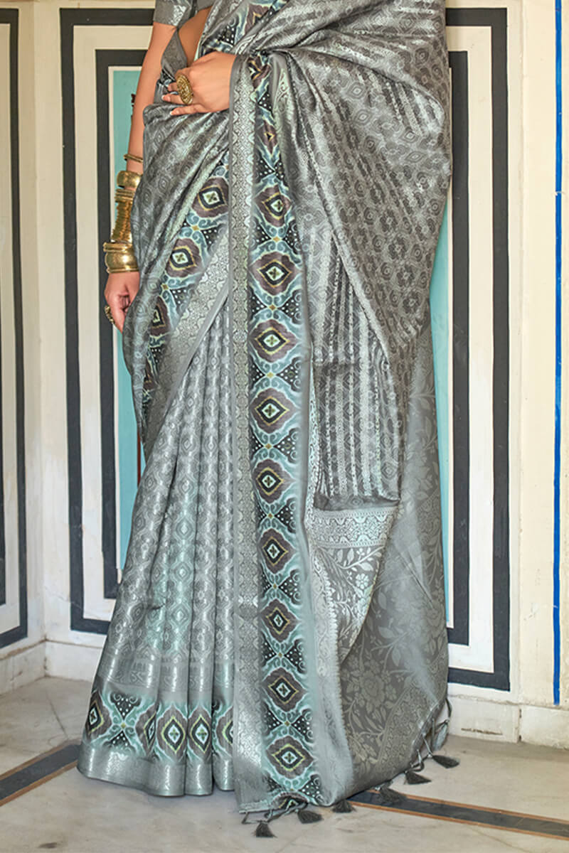 Lassitude Grey Digital Printed Soft Silk Saree With Desiring Blouse Piece