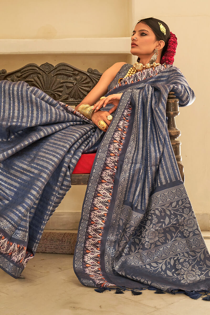Fragrant Dark Grey Digital Printed Soft Silk Saree With Ravishing Blouse Piece