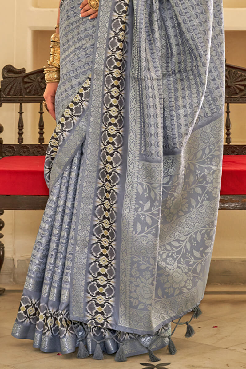 Trendy Silver Digital Printed Soft Silk Saree With Glorious Blouse Piece