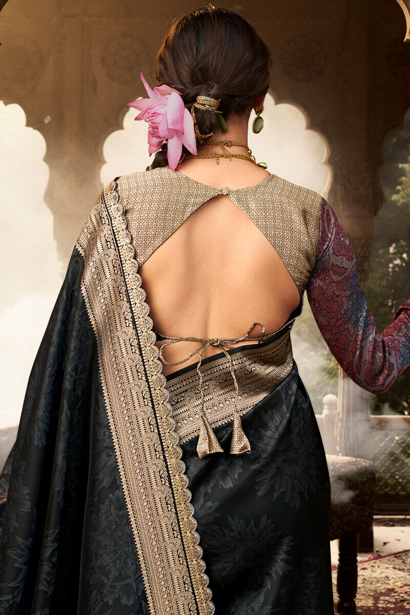 Inspiring Black Soft Banarasi Silk Saree With Refreshing Blouse Piece