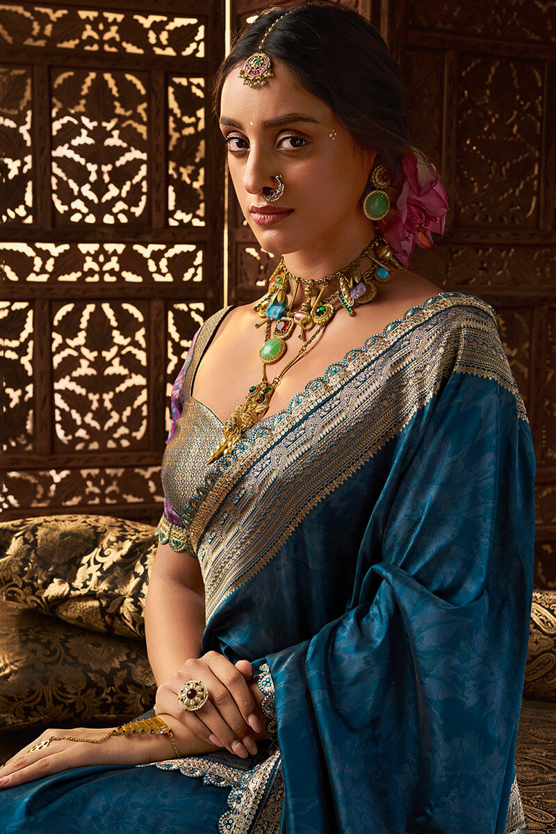 Quintessential Navy Blue Soft Banarasi Silk Saree With Blissful Blouse Piece