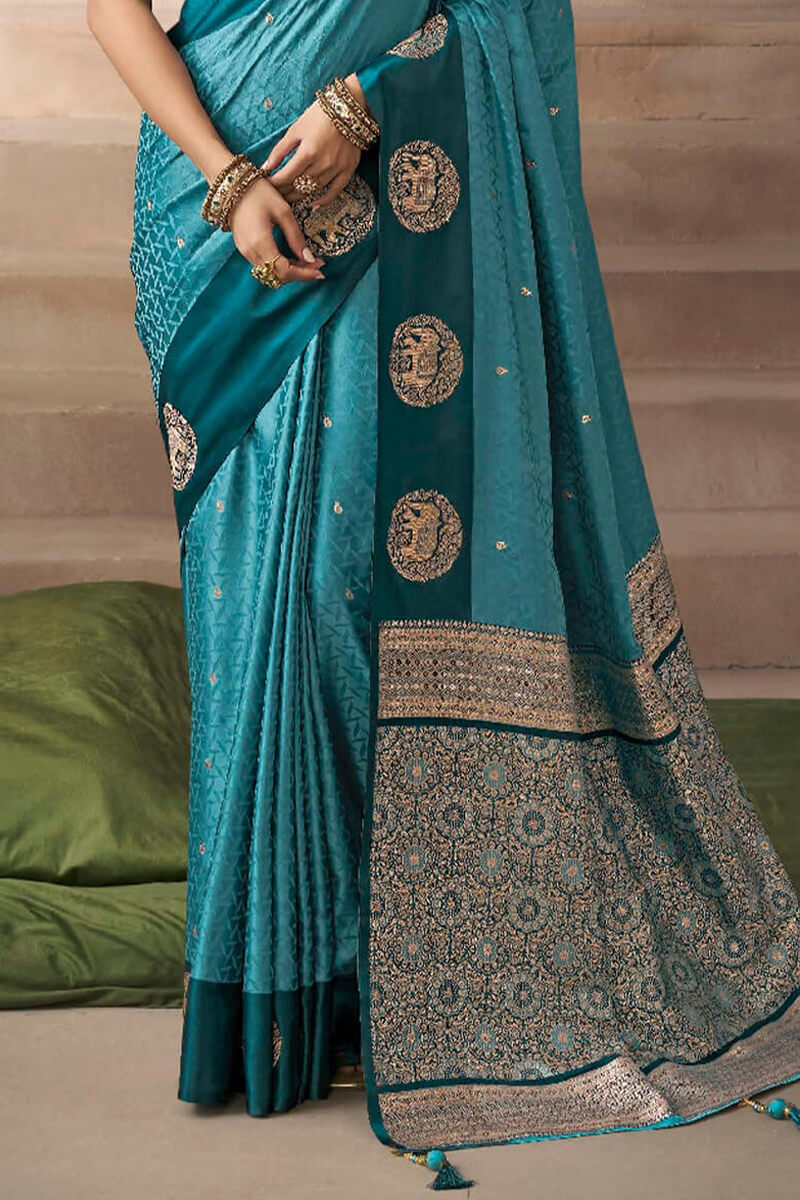 Zephyr Rama Banarasi Satin Silk Saree With Ephemeral Blouse