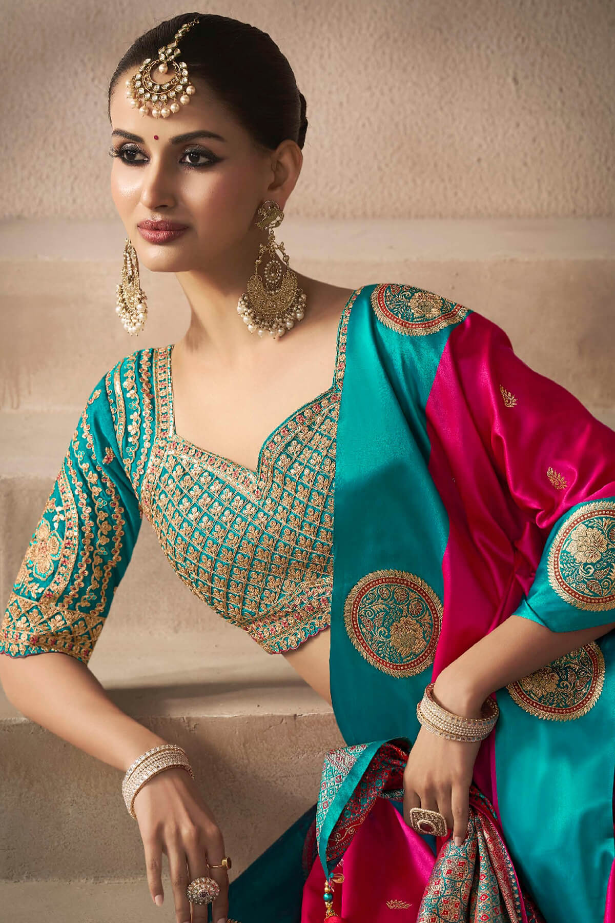 Nectarous Dark Pink Banarasi Satin Silk Saree With Blooming Blouse