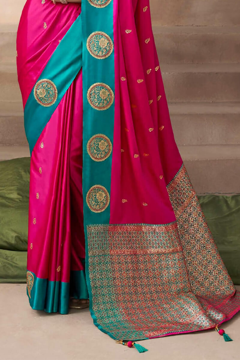Nectarous Dark Pink Banarasi Satin Silk Saree With Blooming Blouse
